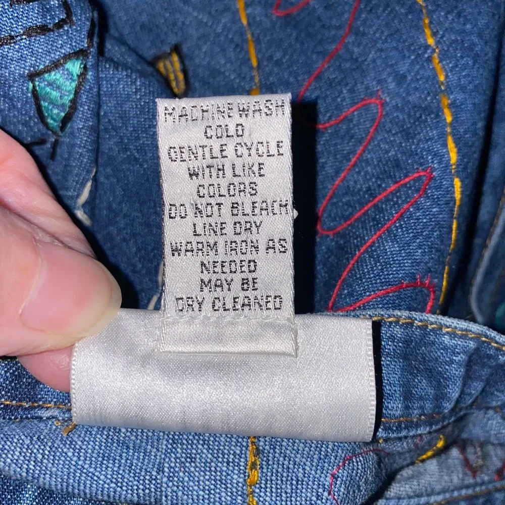 Chico's Vintage Blue Jean Maxi Skirt with Embroidered Accents and Frayed Hem - Picture 7 of 7